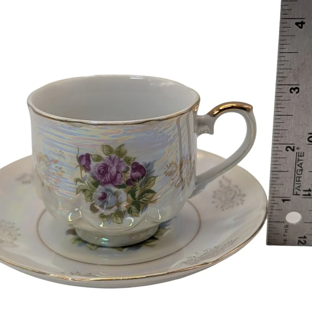 Vintage Seyei Fine China Demitasse Cup and Saucer Iridescent Footed Floral SEE